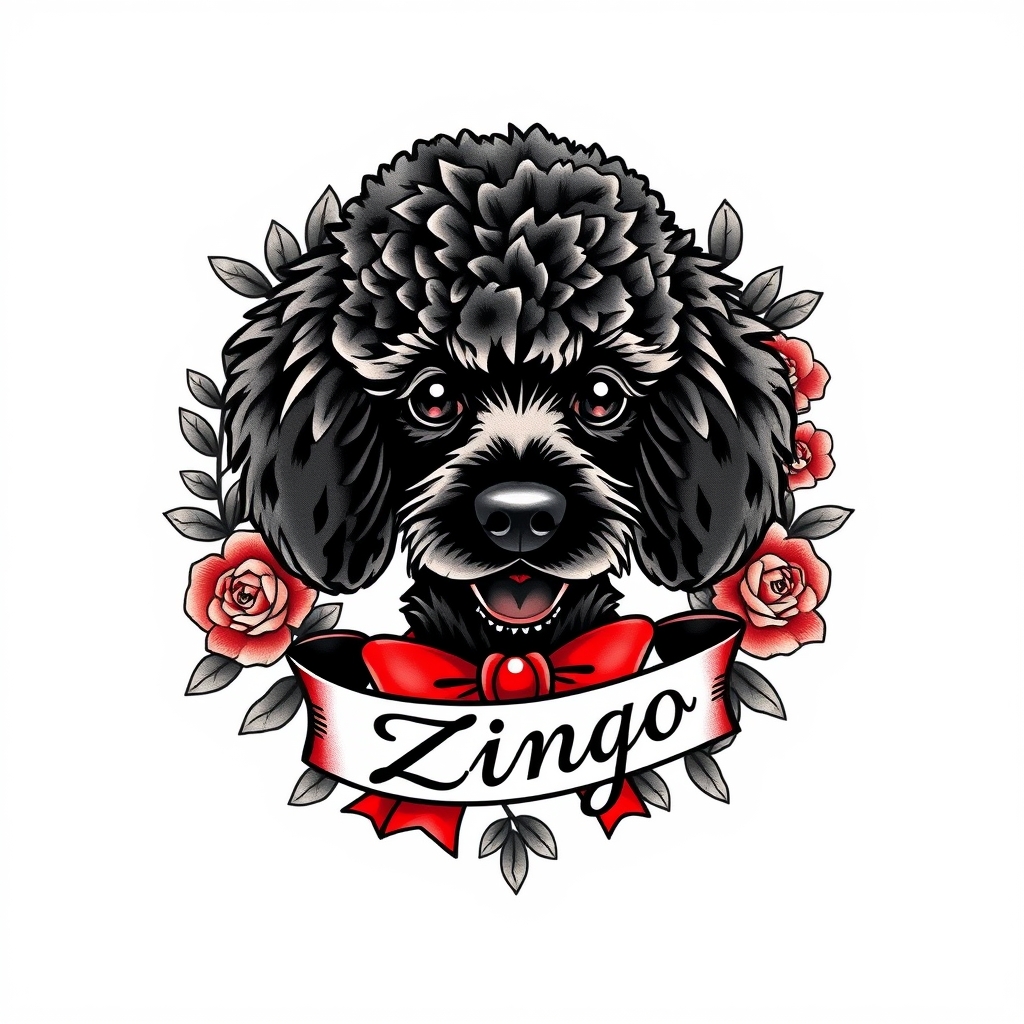 A tattoo design of Adult Black poodle head with a banner saying ”Zingo”. Should have some nice frame look like roses, leafs. I also would like to have some dog bites in the frame. The dog should have a red bowtie in the style of traditional. - animal portrait tattoo design generated by AI tattoo generator