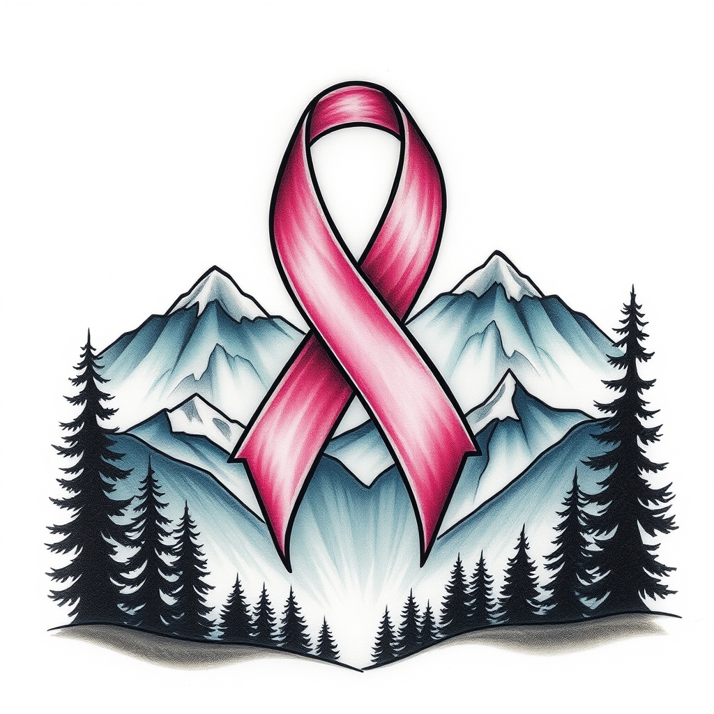 A tattoo design of Breast cancer ribbon,, mountains, nature in the style of realistic. - breast cancer awareness tattoo design generated by AI tattoo generator