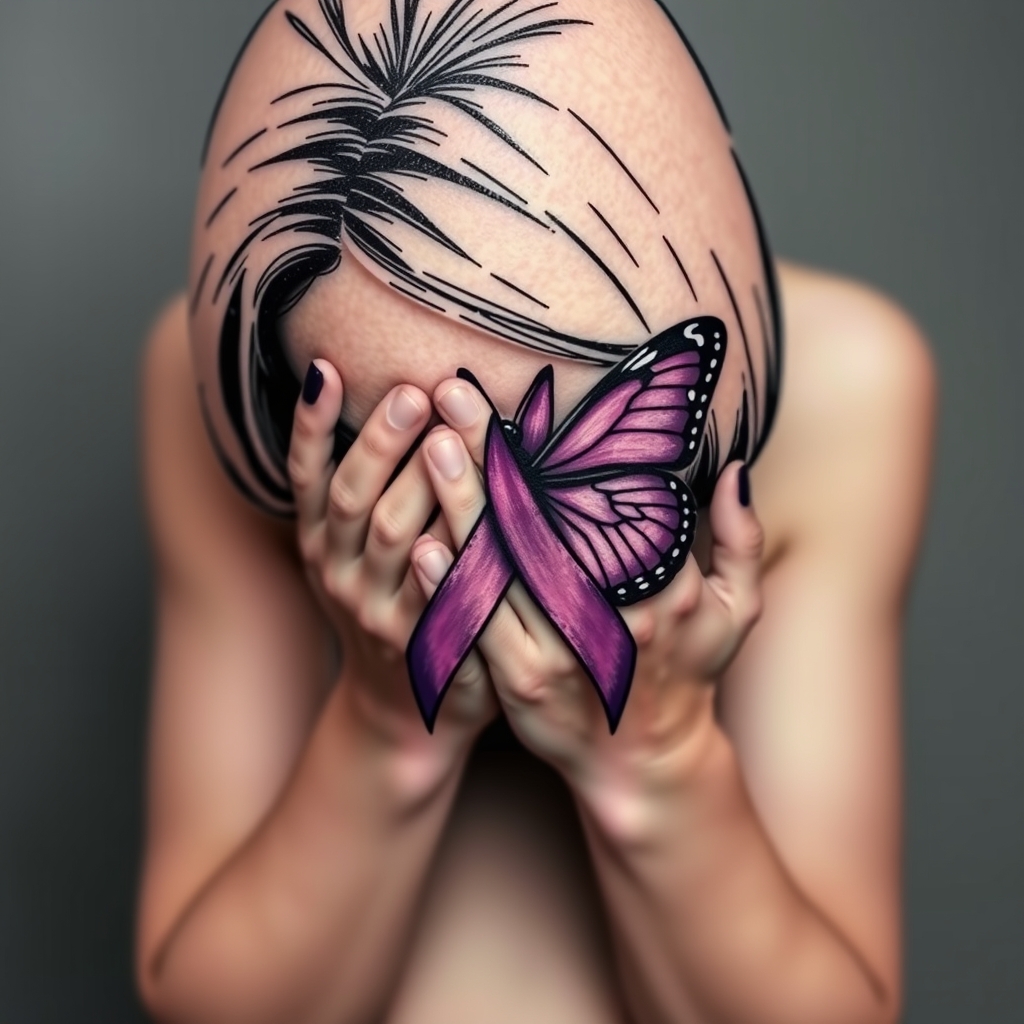 A tattoo design of Domestic violence ribbon awareness inclined together with a purple butterfly as a women hunched over her hands overing her face in the style of minimalist. - domestic violence awareness tattoo design generated by AI tattoo generator