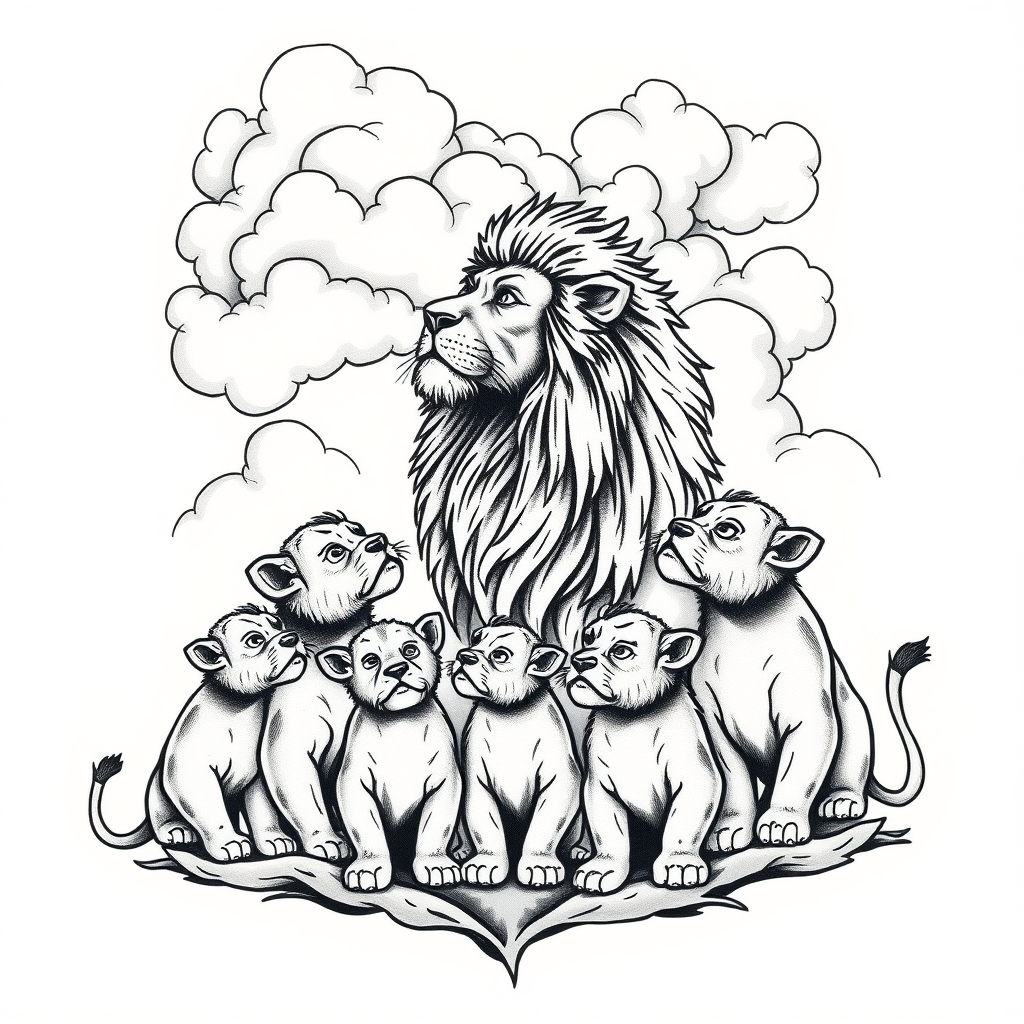 A tattoo design of Grandpa Lion in the clouds looking down on his lion son and his 6 lion cubs in the style of traditional. - lions family tattoo design generated by AI tattoo generator