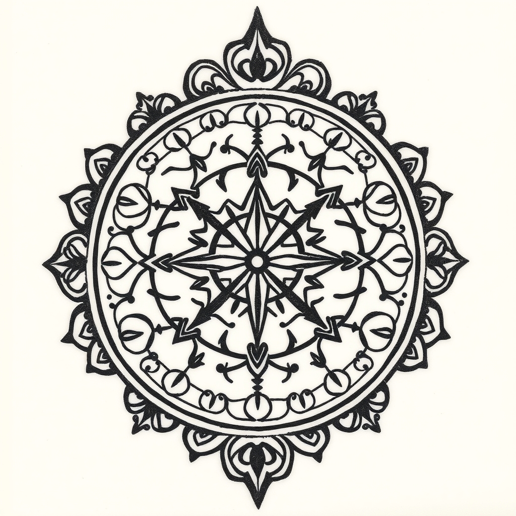 A tattoo design of Fun, creative, henna style, peace, love, selfless, joy in the style of geometric. - spiritual symbols tattoo design generated by AI tattoo generator