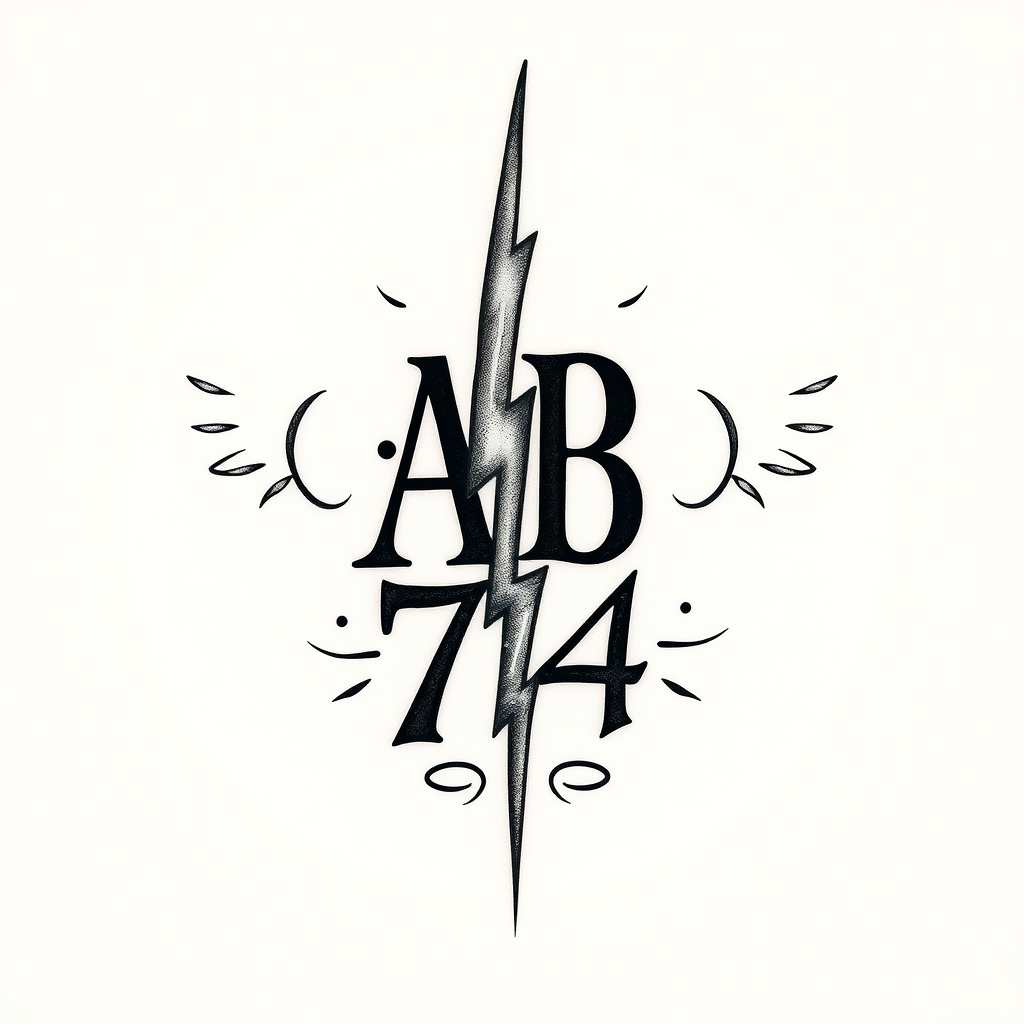 A tattoo design of Initials AB, year 74, lightning bolt in the style of traditional. - symbol tattoo design generated by AI tattoo generator