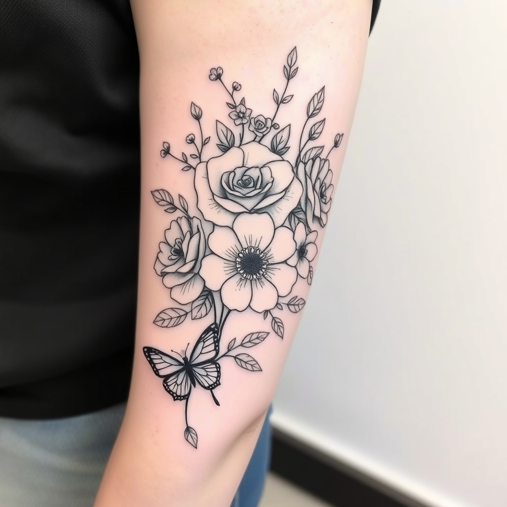 A tattoo design of A nice full half sleeve tattoo on the upper arm with flowers, rose's, butterfly's and minimalist vine leafs in black and white. A few different flowers and one butterfly on the elbow made with fine line in the style of realistic. - floral nature tattoo design generated by AI tattoo generator
