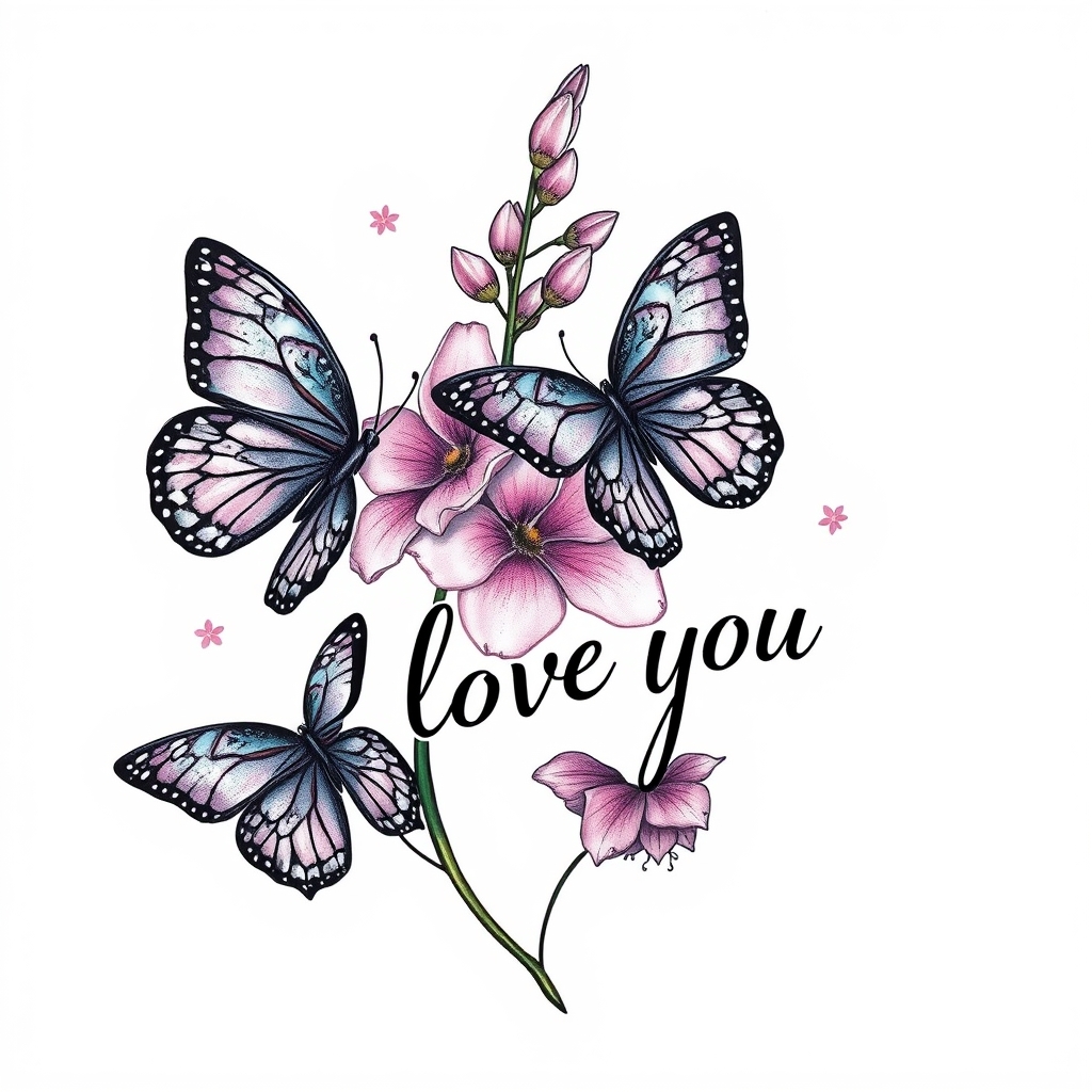 A tattoo design of Larkspur with little butterflies with I love you in cursive in the style of realistic. - flowers and insects tattoo design generated by AI tattoo generator