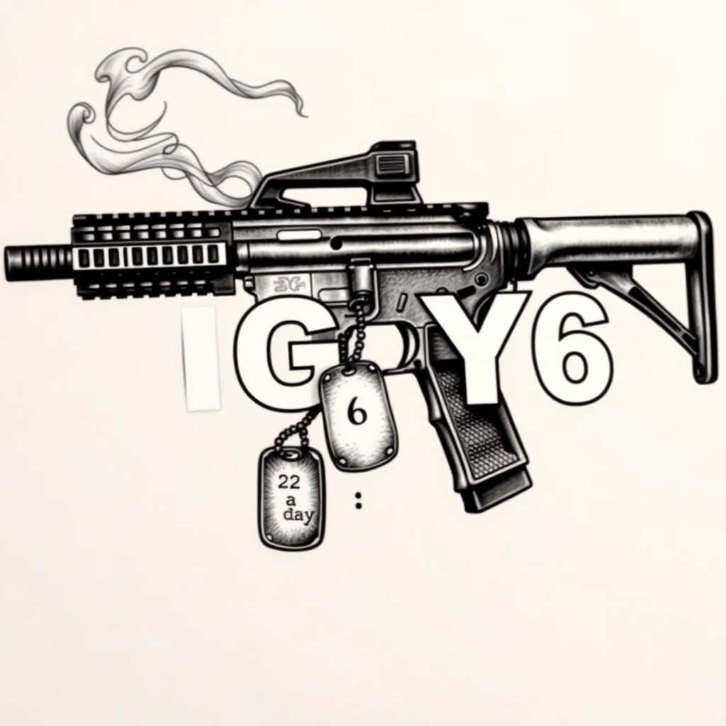 A tattoo design of Vertical M4 Carbine with detailed barrel, tactical rail, and collapsible stock Dense, curling smoke rising from the barrel, drifting around the rifle and weaving through the IGY6 lettering Bold, vertical “IGY6” aligned beside the rifle, smoke integrated Two dog tags hanging mid-stock, one engraved with “22 a day” in military-style font Subtle semicolon (";") positioned directly under the “6,” nestled beneath the dog tags in the style of realistic. - firearm memorial tattoo design generated by AI tattoo generator
