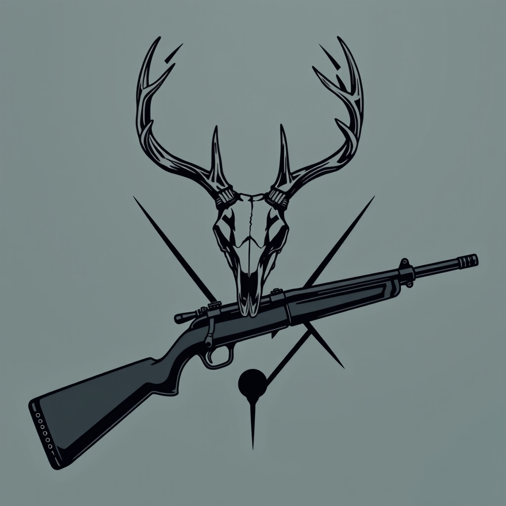 A tattoo design of i want a blackout deer skull on top of the x and i want a blackout hunting rifle going in an x with a blackout ice hockey stick in a x with the rifle with a blackout hockey puck in the style of realistic. - hunting sports tattoo design generated by AI tattoo generator