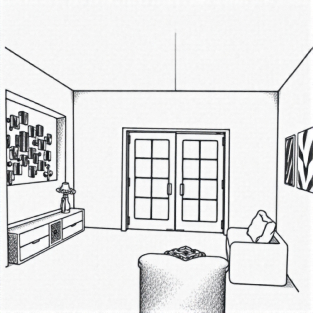 A tattoo design of A livingroom with 2 glassdoors ,soviet brutalism, by Alessio Albi in the style of blackwork. - soviet brutalism architecture tattoo design generated by AI tattoo generator