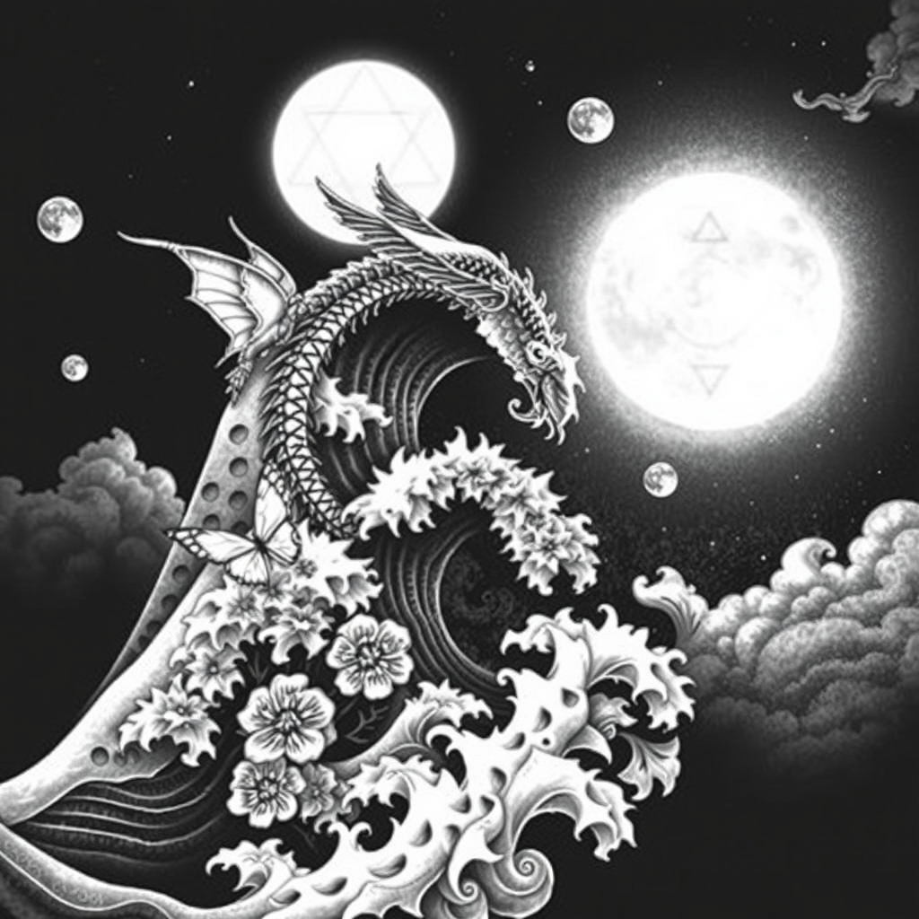 A tattoo design of aves, meets mc escher stairway folding into itself in the sky , the cresting waves turn into dragons, the dragons turn into butterflies and the butterflies turn into flowersin a night scene with the white glowing, with geometric glowing hexagram shaped planets in the sky moon , halfway full, the pale light splashing on the clouds that swirl mimicking the waves and the waves mimic the steady wind, the creating waves turm into dragons and the dragons into flowers in the style of blackwork. - mythical creatures in nature tattoo design generated by AI tattoo generator