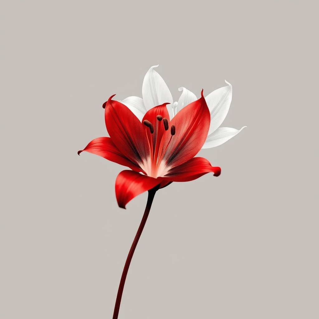A tattoo design of Realistic spider lily tattoo design in red ink, with fine botanical detailing. The flower should have no leaves on the stem — only a single, slender, naturalistic stem supporting a fully bloomed spider lily with delicate, curled petals and long filaments, all in a vivid red tone. Efeito “ghosted” / diplopia: Overlay a second version of the same flower in pure white ink, slightly offset to the right, creating a ghosted double‑vision effect (3D‑style diplopia). The white flower should look like a translucent echo or spiritual aura of the red lily, as if its soul is gently drifting out. Contraste e estilo: Focus on soft contrast between the vibrant red and ethereal white. The design should be clean, refined, and emotionally expressive — balancing realism and minimalism. in the style of surrealistic. - flower tattoo design generated by AI tattoo generator