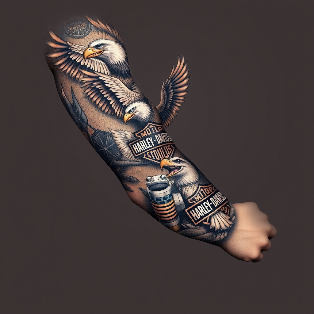A tattoo design of Right arm full sleeve with the upper containing Harley Davidson theme with eagles mixed with the lower of Florida swamp theme with alligator in the style of realistic. - bikes and wildlife tattoo design generated by AI tattoo generator