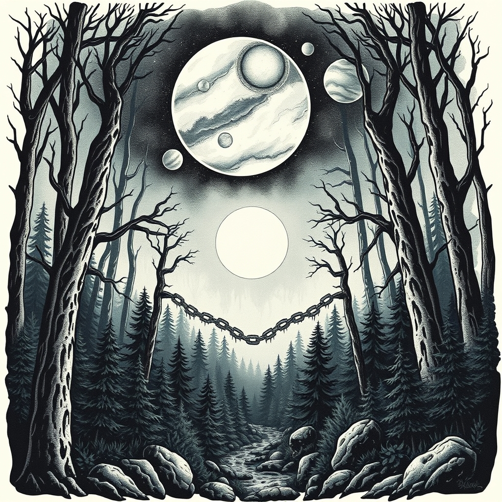 A tattoo design of Scary Forest and planets in the style of realistic. - space fantasy tattoo design generated by AI tattoo generator