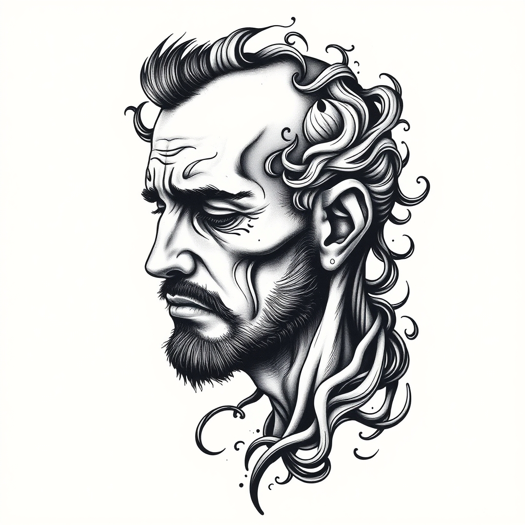 A tattoo design of Mens mental suffering in the style of blackwork. - mental health tattoo design generated by AI tattoo generator