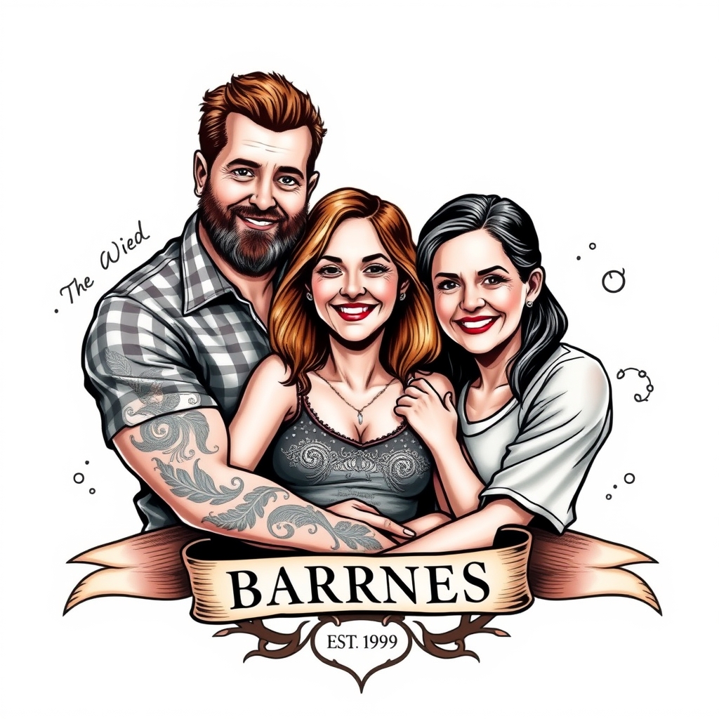 A tattoo design of Barnes, with wife and three kids established 1996 in the style of realistic. - family portrait tattoo design generated by AI tattoo generator