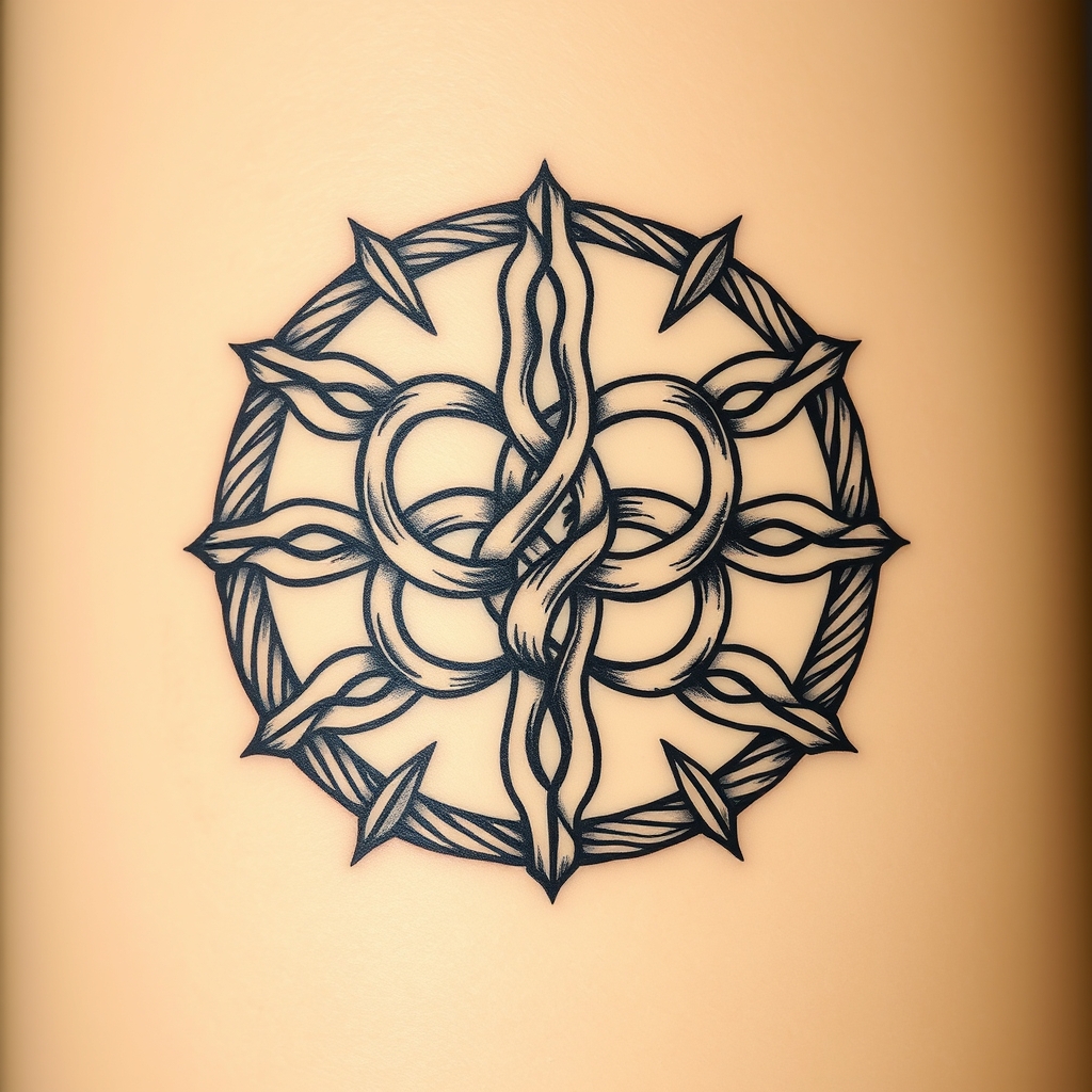 A tattoo design of Celtic shield knot made from barb wire in the style of realistic. - celtic knot tattoo design generated by AI tattoo generator