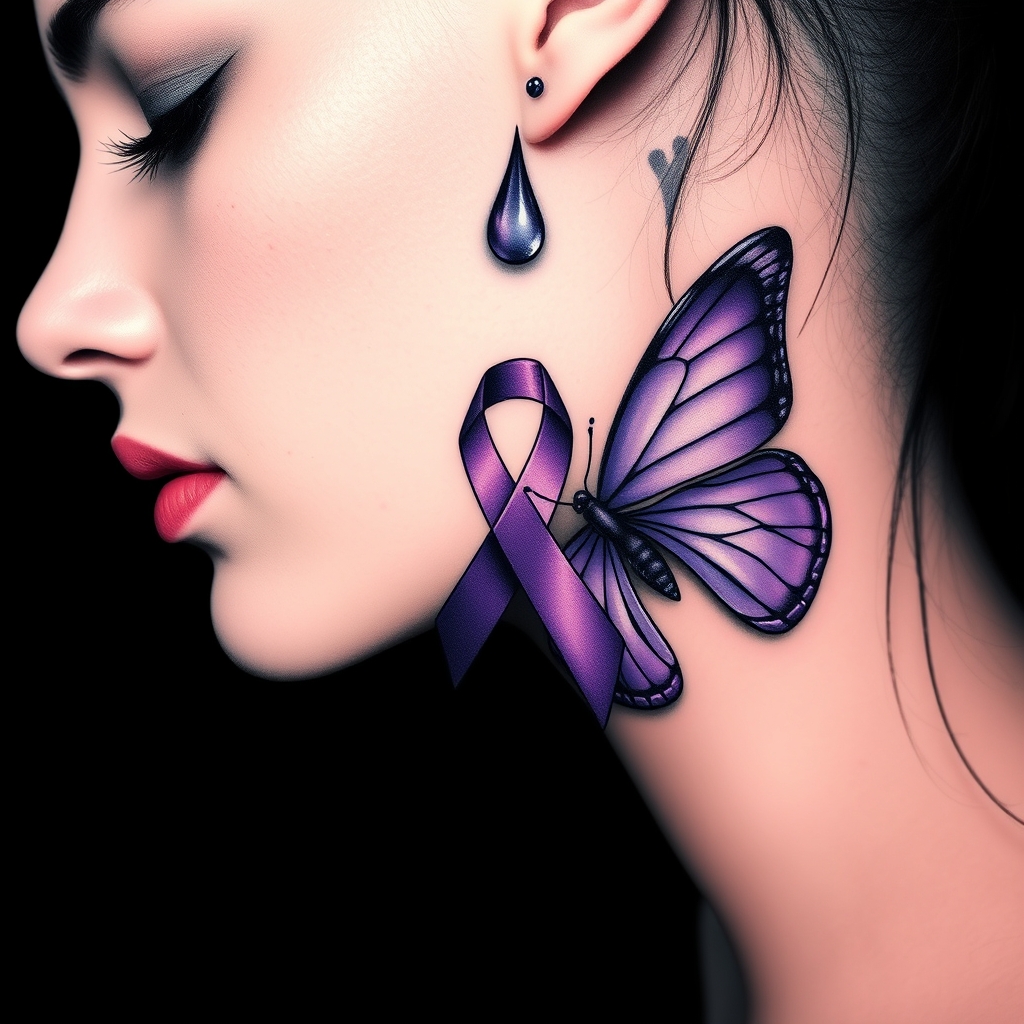 A tattoo design of A tear running down a woman's face with a domestic violence ribbon and a purple butterfly entwined together in the style of minimalist. - domestic violence awareness tattoo design generated by AI tattoo generator