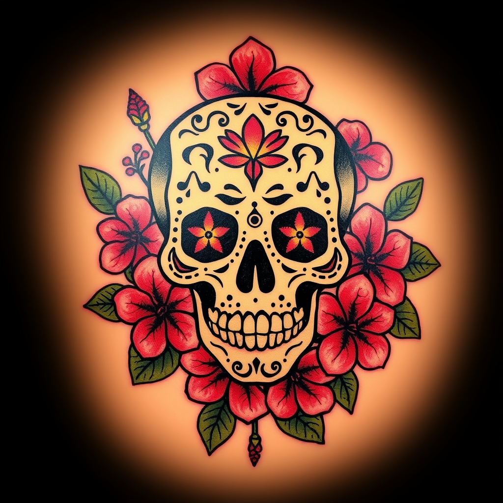 A tattoo design of Sugar Skullsurrounded by small hibiscus flowers in the style of traditional. - sugar skull tattoo design generated by AI tattoo generator