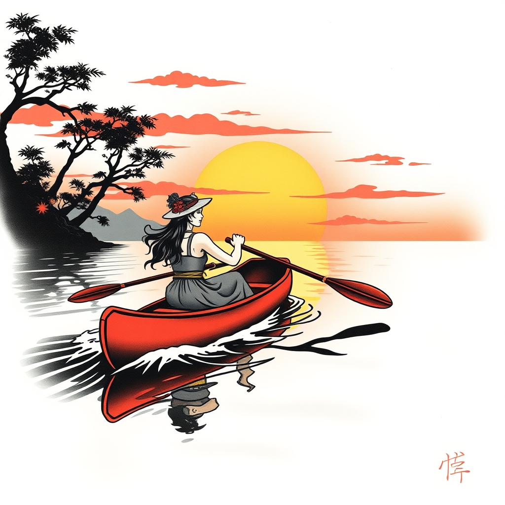 A tattoo design of Woman canoeing into the sunset in the style of japanese. - water sports tattoo design generated by AI tattoo generator