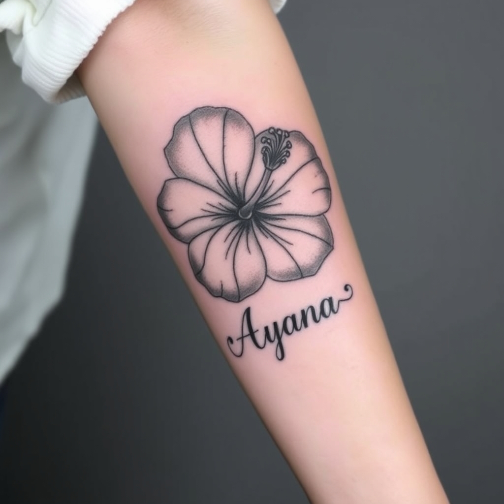 A tattoo design of Hibiscus: Soft, smooth grey shading, delicately detailed petals—symbolizing beauty and femininity.  Waves: Gracefully curling up from the bottom, representing the “sea” aspect of her name.  Clouds: Gentle wisps above the flower, connecting to the “sky” part.  Ayana: Elegant cursive script, integrated just below the bloom for emotional connection.   This tattoo is designed to flow beautifully on your right forearm, balancing grace and symbolic strength. in the style of realistic. - flower tattoo tattoo design generated by AI tattoo generator