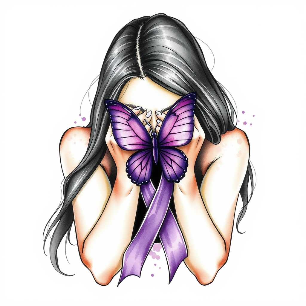A tattoo design of Domestic violence ribbon awareness inclined together with a purple butterfly as a women hunched over her hands overing her face in the style of watercolor. - social awareness tattoo design generated by AI tattoo generator