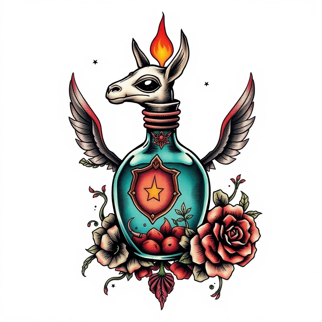 A tattoo design of kuzco poison bottle, with essence of llama in the style of surrealistic. - llama poison bottle tattoo design generated by AI tattoo generator
