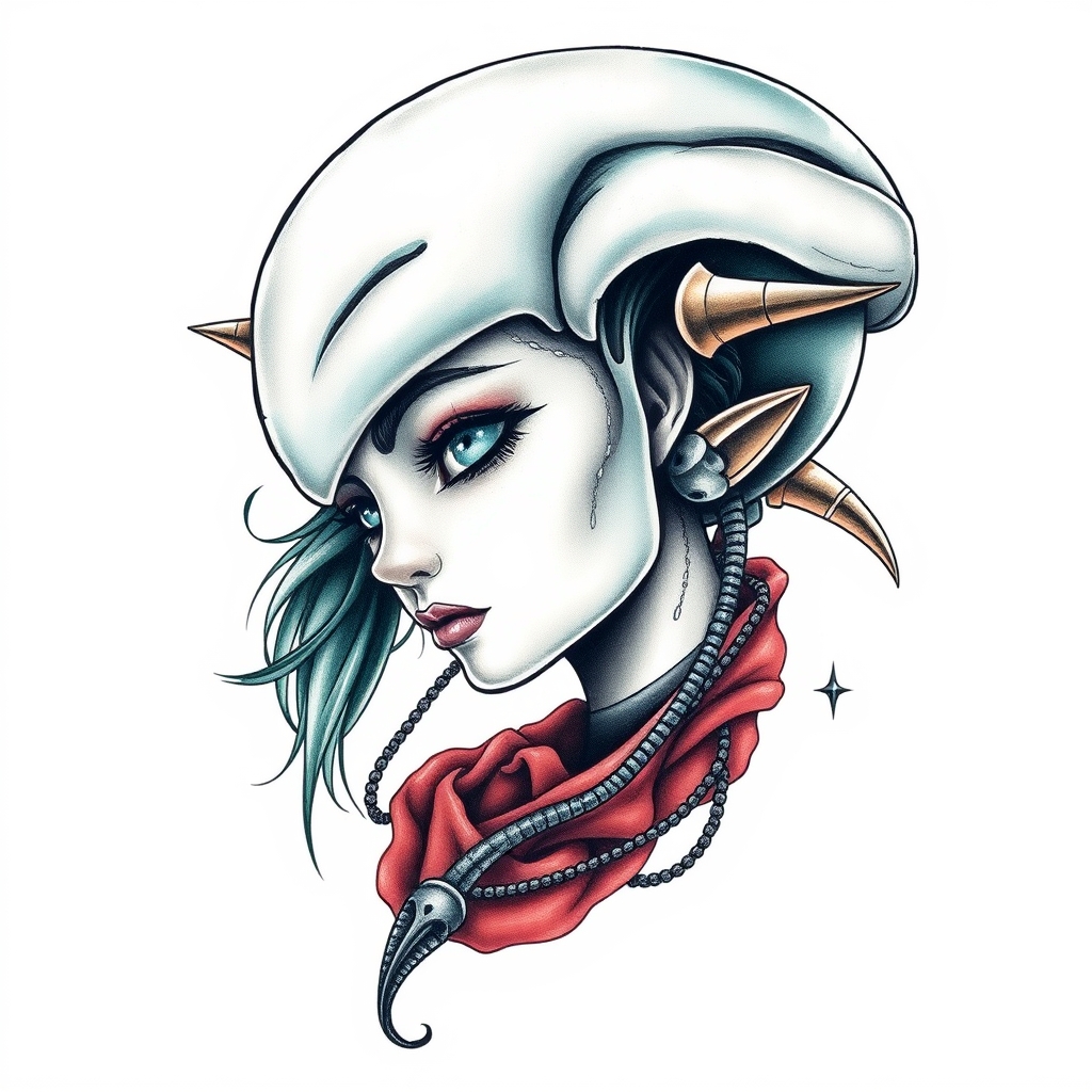 A tattoo design of Alien mystic girl in the style of realistic. - fantasy creature tattoo design generated by AI tattoo generator