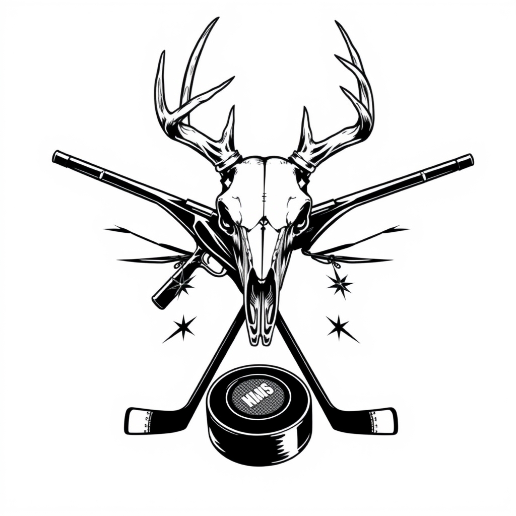 A tattoo design of a deer skull on top of the x of a lever action rifle and a hockey stick all blackout with with a white background with a hockey puck on the bottom of the x in the style of realistic. - hunting sports tattoo design generated by AI tattoo generator