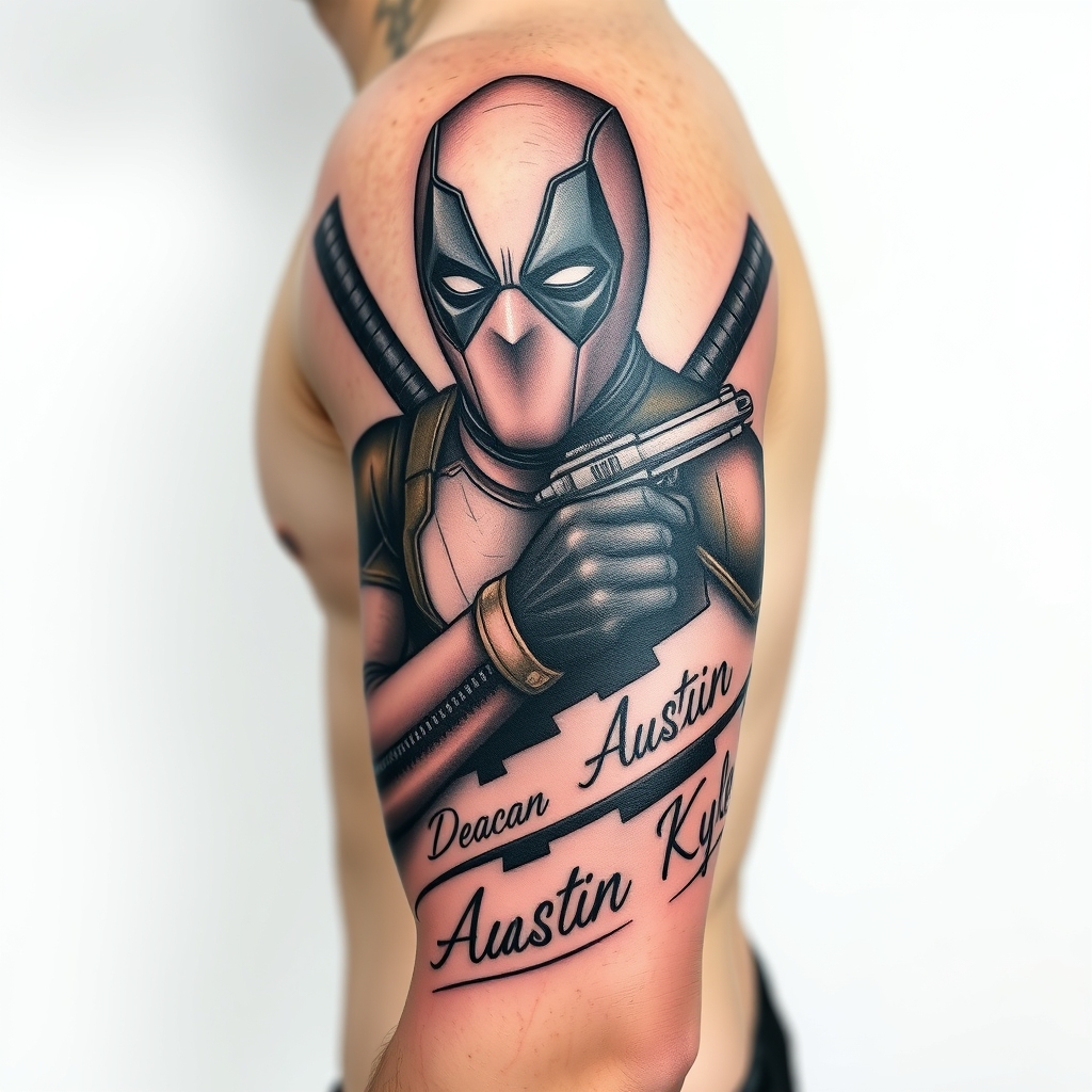 A tattoo design of Top half sleeve black and grey tattoo with deadpool holding a tattoo gun after finishing tattooing the names Deacan Austin and Kyle on my arm in the style of blackwork. - superhero pop culture tattoo design generated by AI tattoo generator