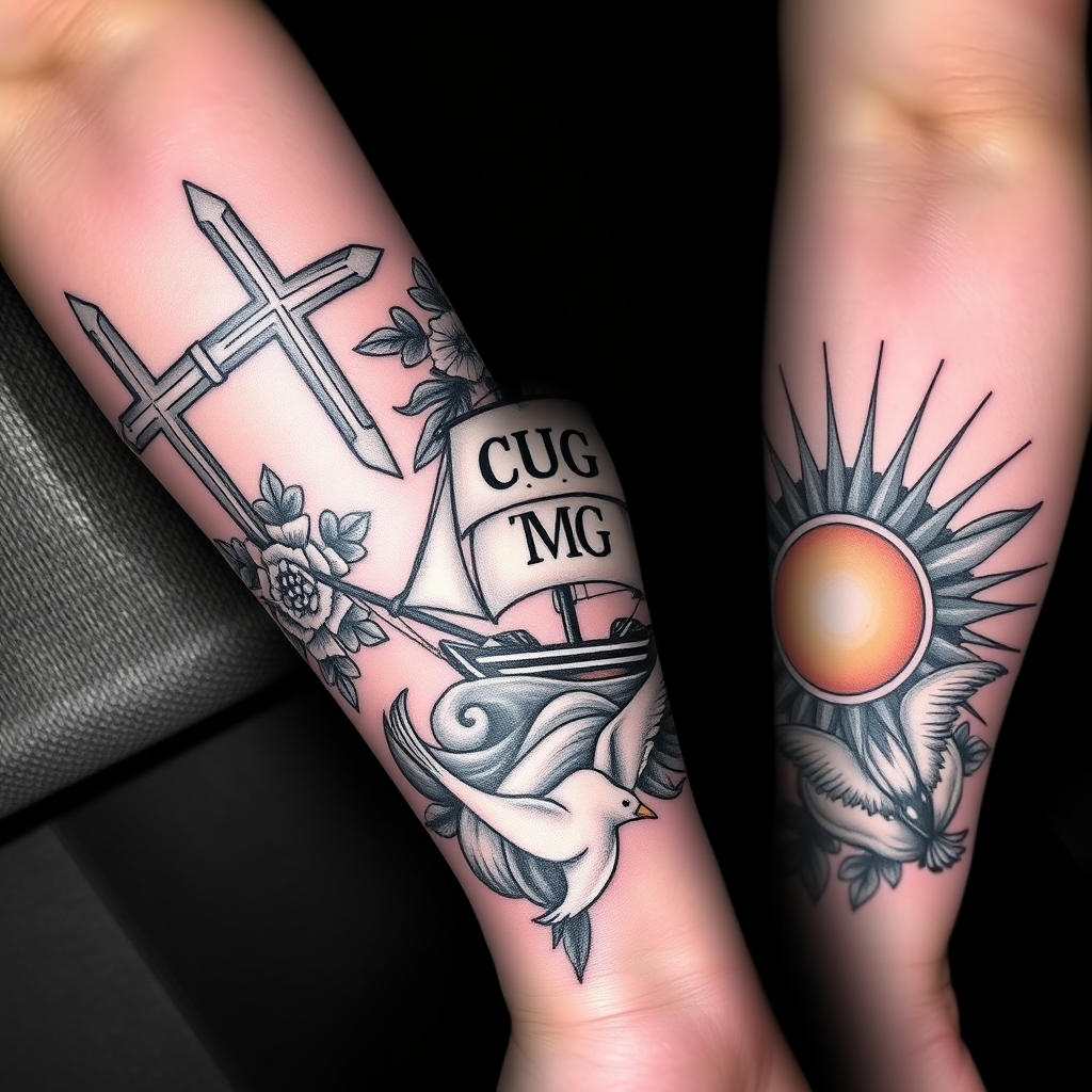 A tattoo design of Tattoo from wrist to elbow,  tropical, with a focus on the cross of salvation, a sailing ship with the initials cmg on the main sail, other initials to be added are TLG and COG, with another focus on family, black and grey with some color, a dove and sun rays.  in the style of realistic. - sailing ship tattoo design generated by AI tattoo generator