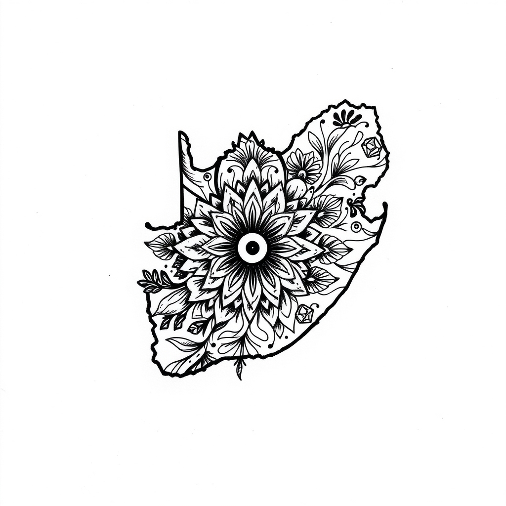 A tattoo design of south africa map in the style of blackwork. - what's the tattoo description? tattoo design generated by AI tattoo generator