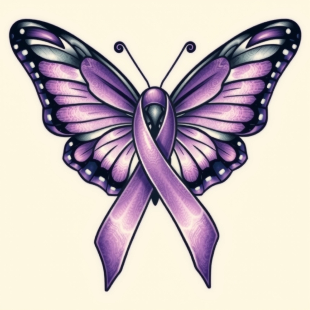 A tattoo design of  crying with the domestic awareness ribbon with a purple butterfly entwined together in the style of tribal. - awareness ribbon tattoo design generated by AI tattoo generator