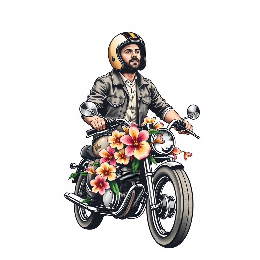 A tattoo design of man on classic motorcycle, wearing open face helmet, freesia flowers in the style of realistic. - motorcycle tattoo design generated by AI tattoo generator