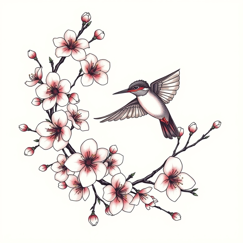 A tattoo design of Big quantities of cherry blossoms with flying kingfisher in the style of minimalist. - nature flowers tattoo design generated by AI tattoo generator