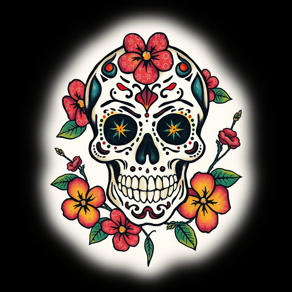 A tattoo design of Sugar Skullsurrounded by small multicolor hibiscus flowers in the style of abstract. - sugar skull tattoo design generated by AI tattoo generator