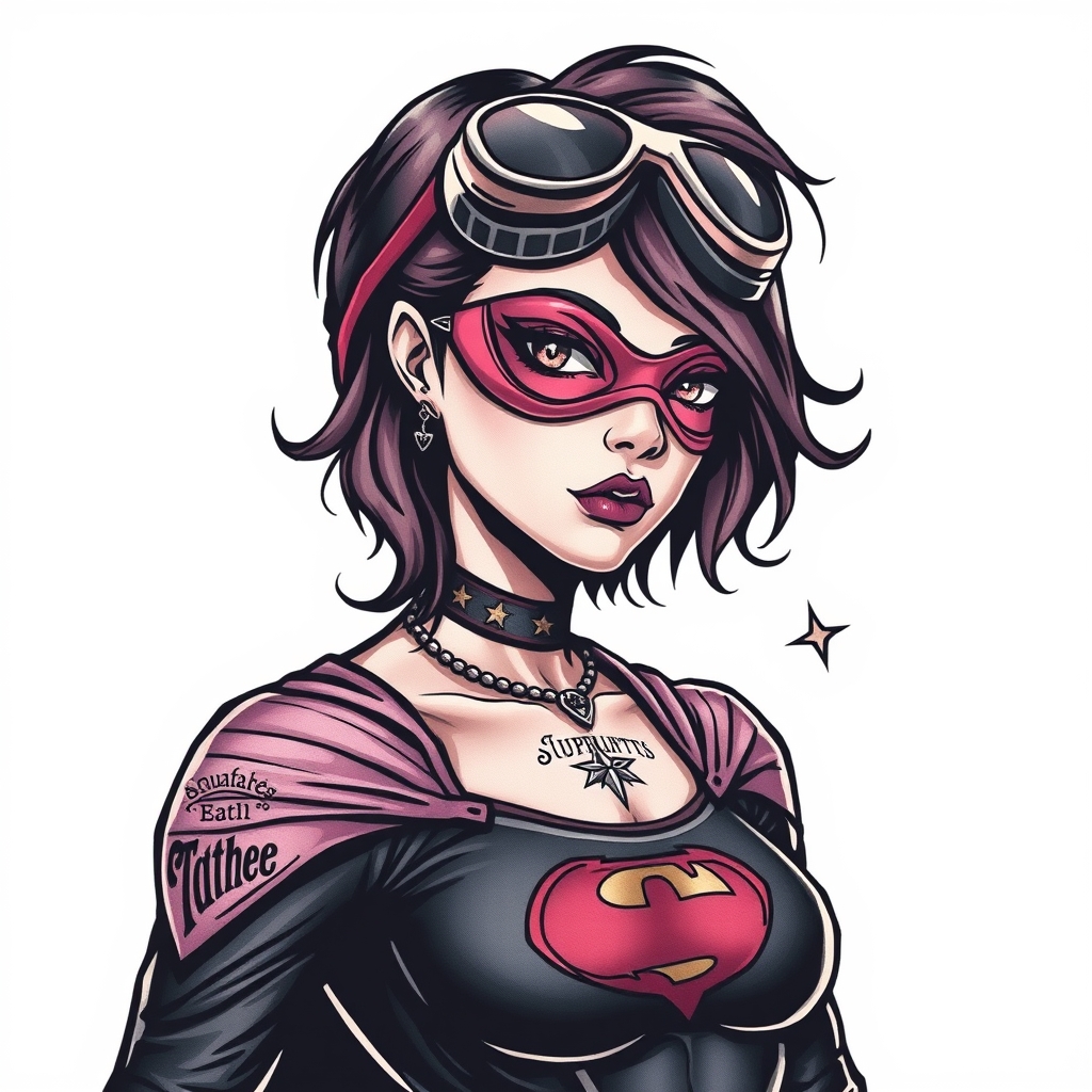 A tattoo design of Superhero girl who is tuff in the style of surrealistic. - superhero tattoo design generated by AI tattoo generator