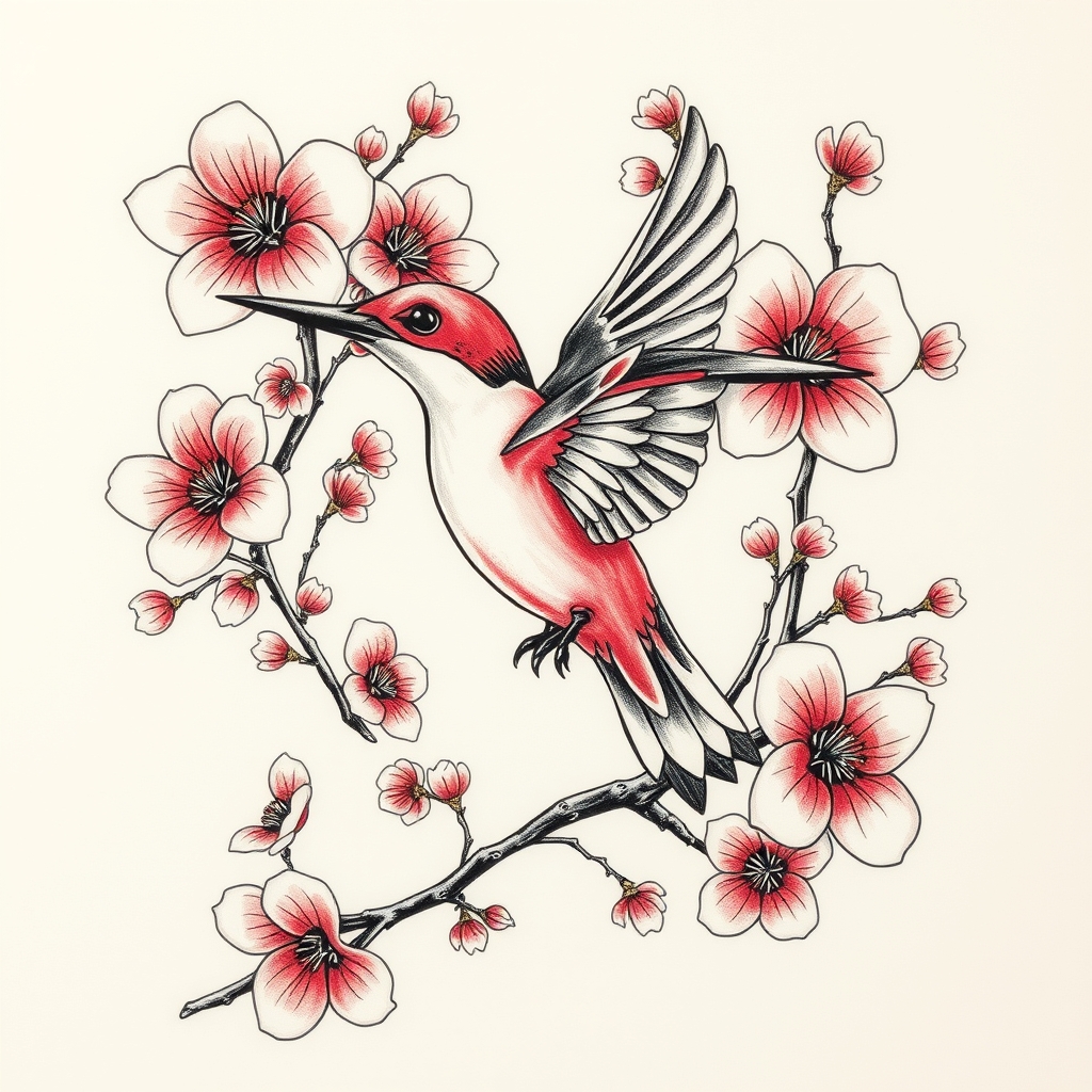 A tattoo design of Big quantities of cherry blossoms with flying kingfisher in the style of tribal. - nature tattoo design generated by AI tattoo generator