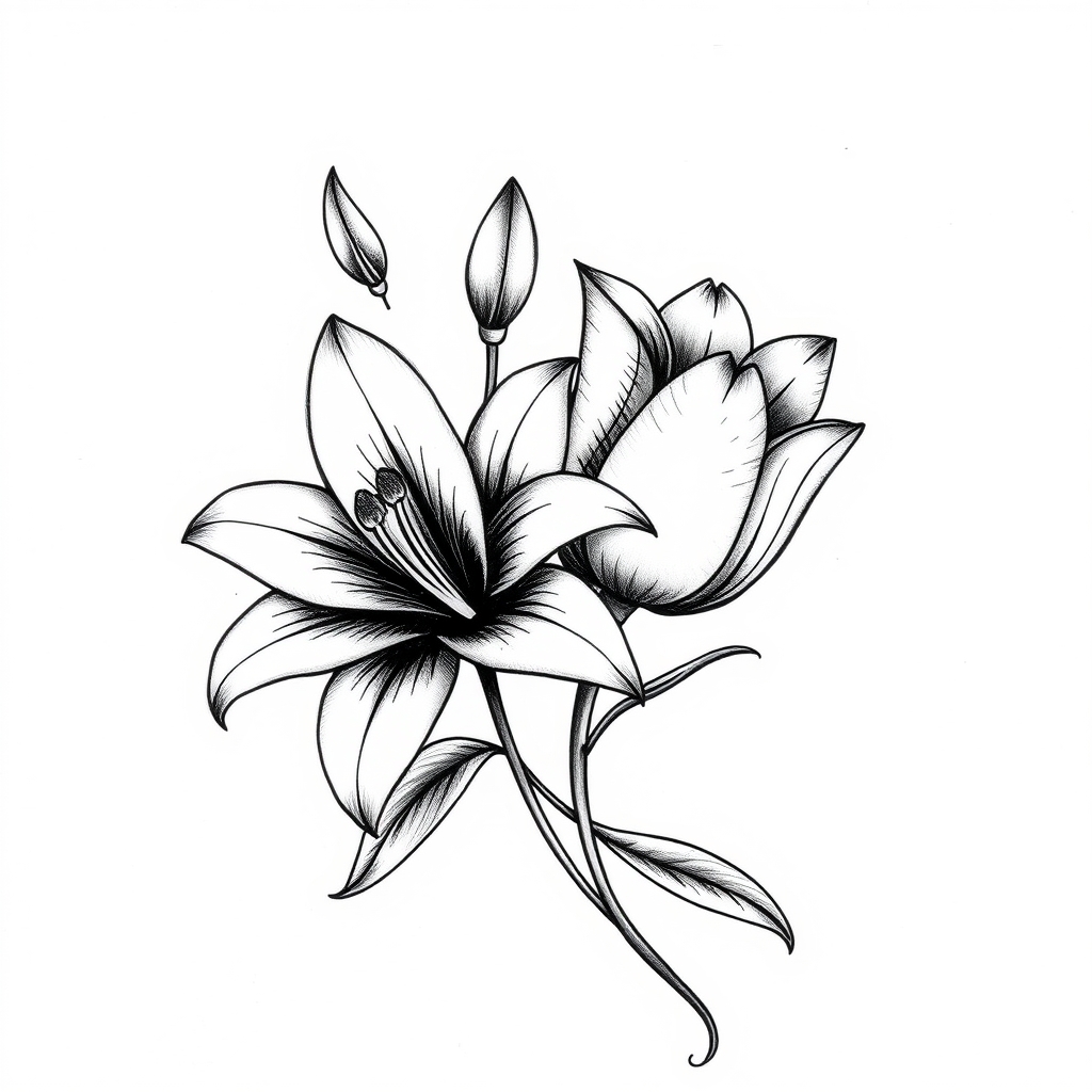 A tattoo design of lilly and tulip flower  in the style of blackwork. - flowers tattoo design generated by AI tattoo generator