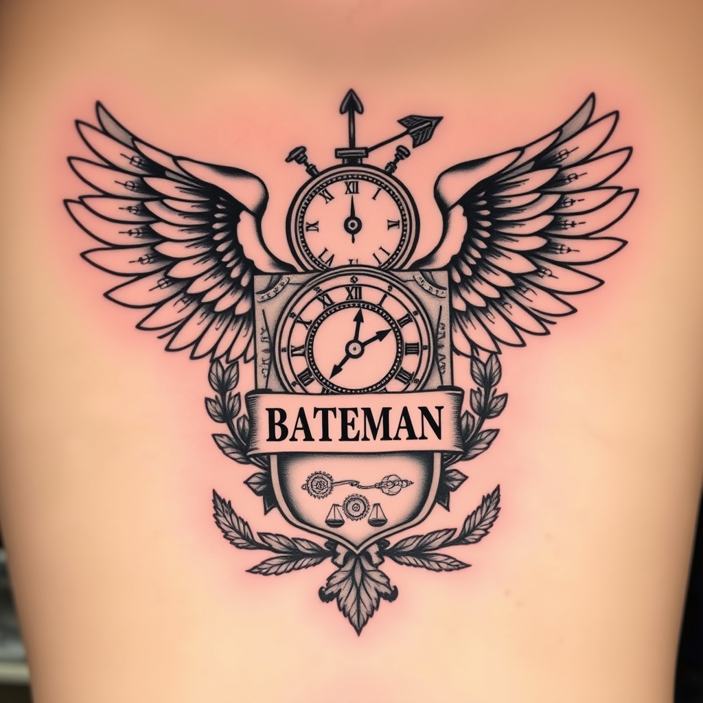 A tattoo design of classic winged wheel with arrow, timepiece with 1974 motif, badge-crested with "BATEMAN" surname on a stone shield with oak leaves and law enforcement symbols, Fatherhood, protector, laurel branches, gears in the style of realistic. - law enforcement badge tattoo design generated by AI tattoo generator
