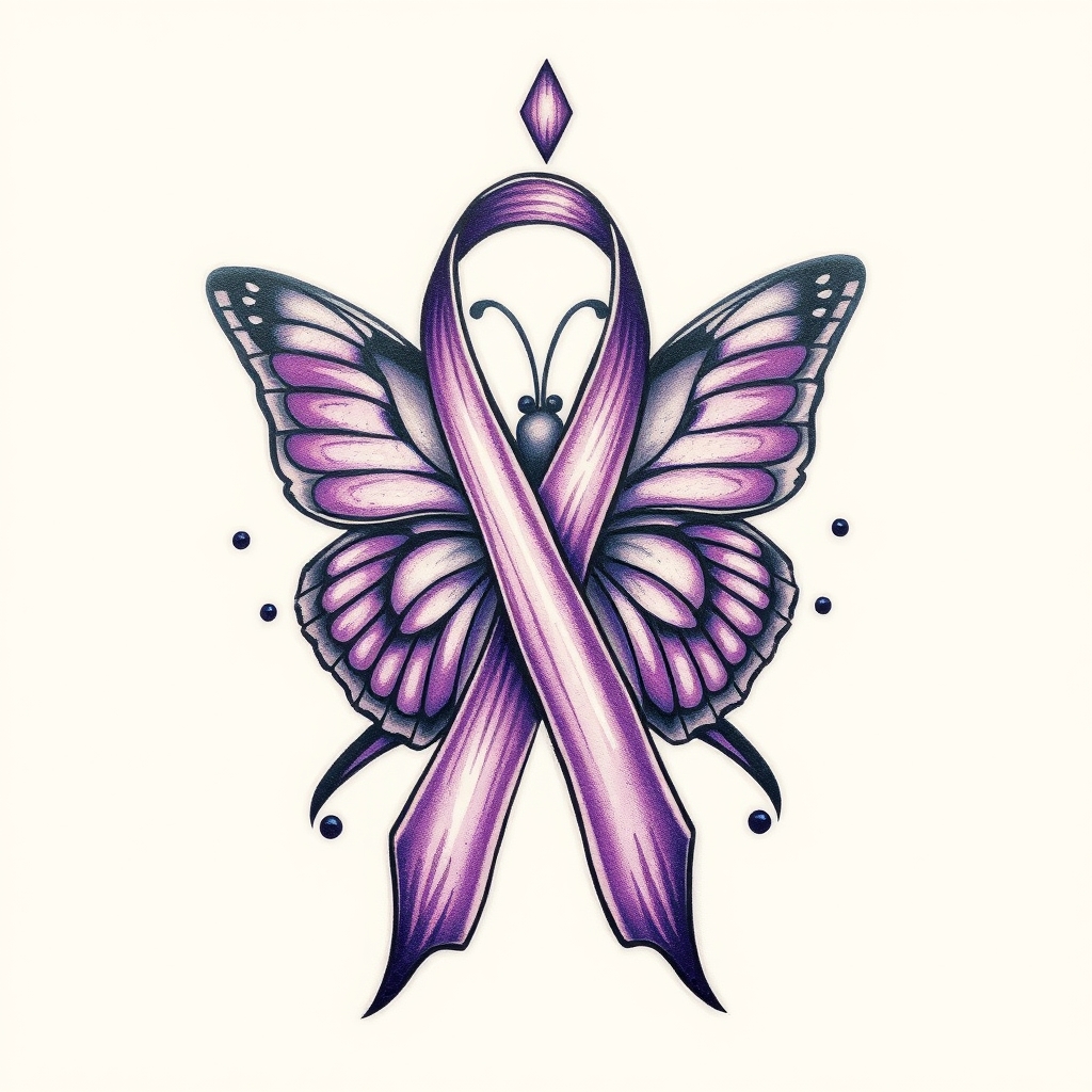 A tattoo design of  crying with the domestic awareness ribbon with a purple butterfly entwined together in the style of tribal. - awareness ribbon tattoo design generated by AI tattoo generator