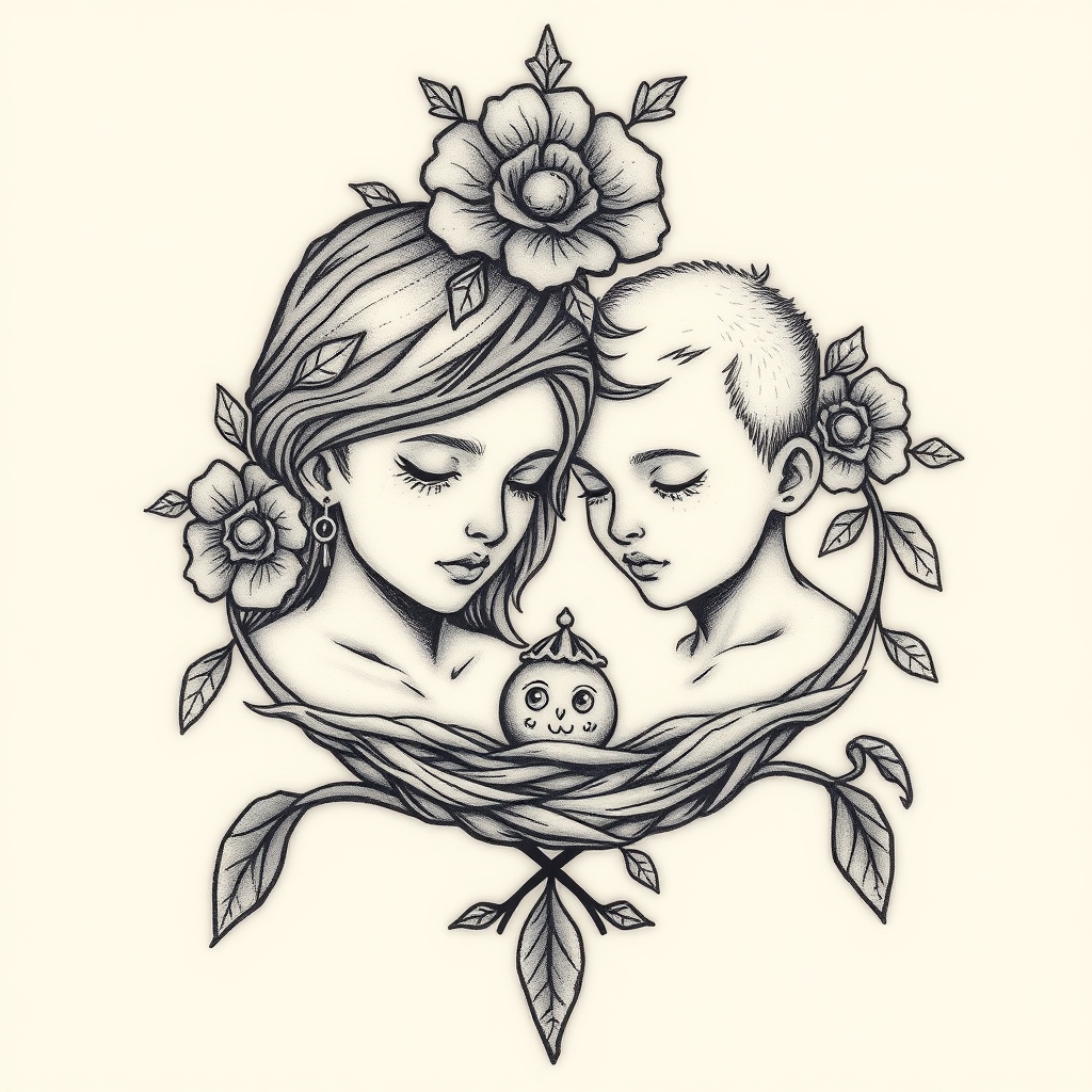 A tattoo design of Mother of two sons that are grown and left the nest in the style of traditional. - family tree tattoo design generated by AI tattoo generator