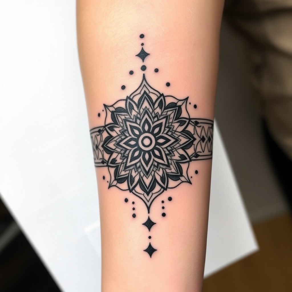 A tattoo design of Geometric+Mandala With Spritual Meaning And Dotwork A Forearm Band Tattoo in the style of tribal. - geometric mandala tattoo design generated by AI tattoo generator