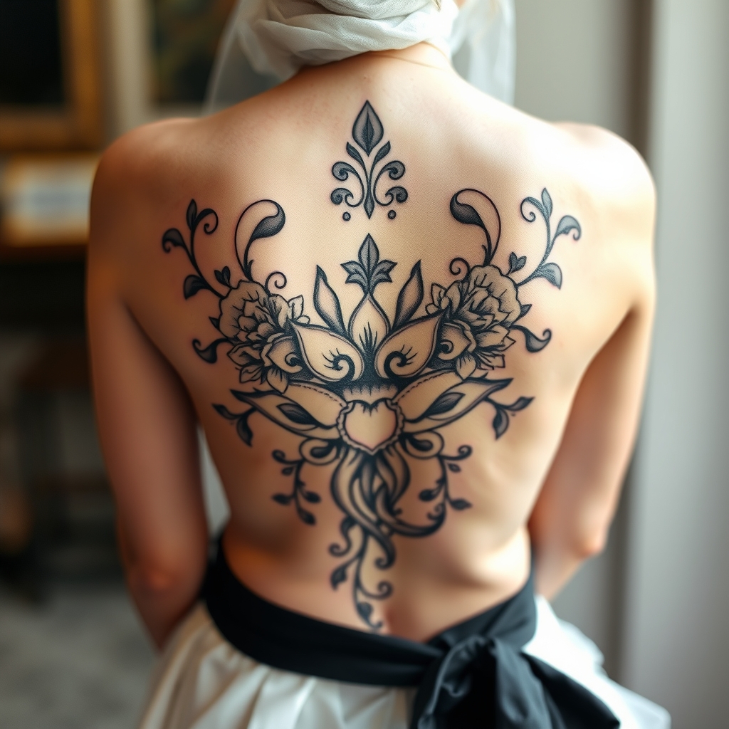 A tattoo design of bride back on white in the style of realistic. - wedding tattoo design generated by AI tattoo generator