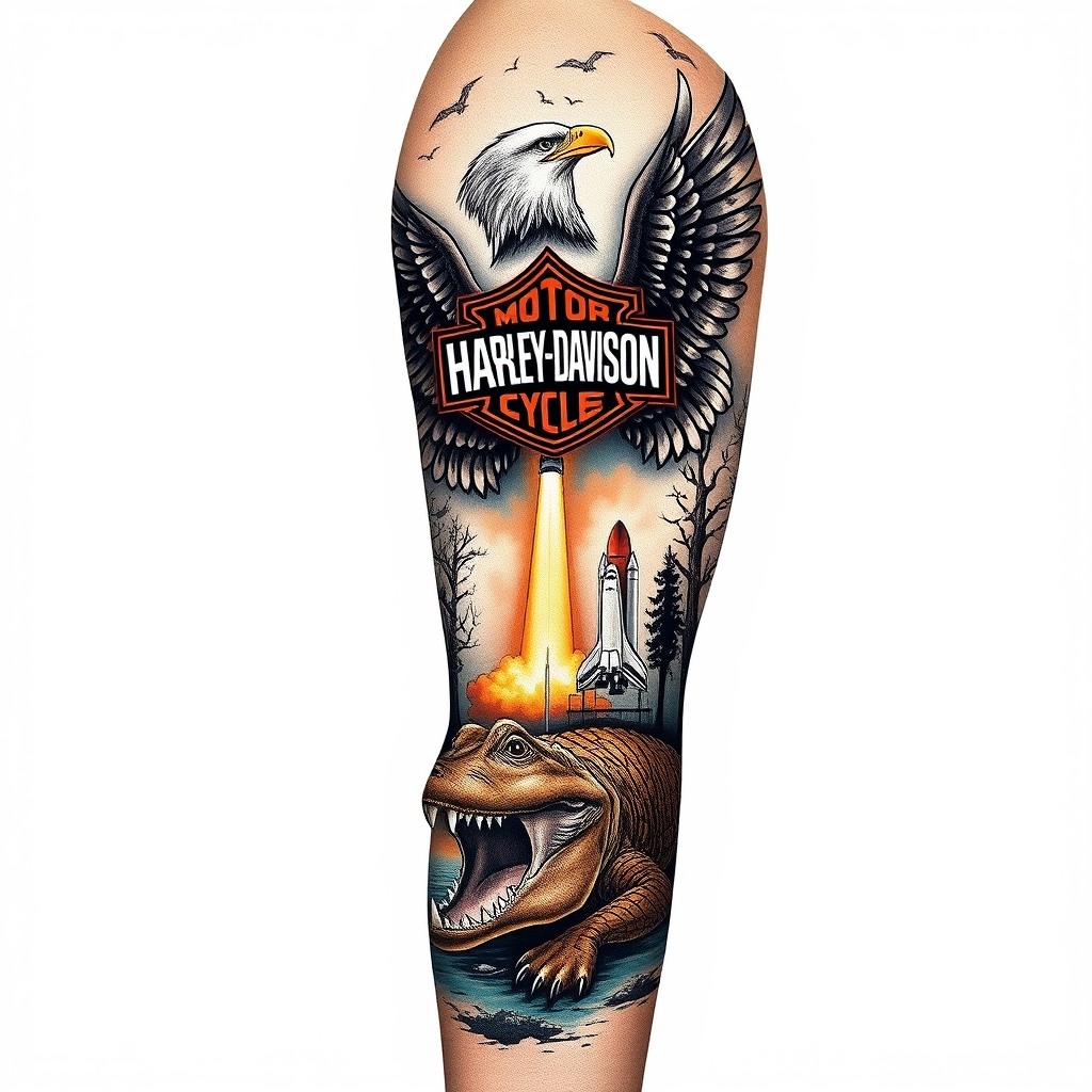 A tattoo design of Right arm full sleeve with the upper containing Harley Davidson theme with eagles mixed with the lower of Florida cypress swamp theme with alligator and space shuttle launch in the background  in the style of realistic. - mixed vehicle and nature scenes tattoo design generated by AI tattoo generator