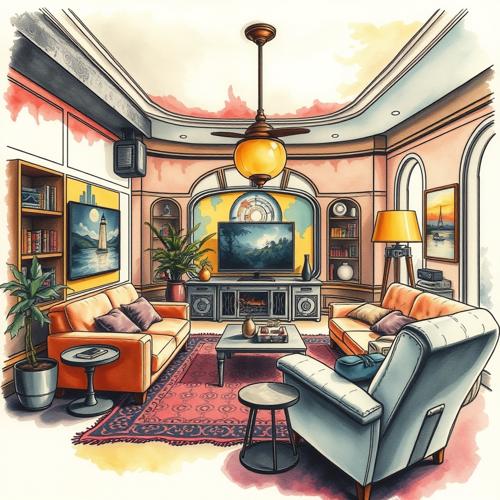 A tattoo design of A livingroom, retrofuturism, by Jean-Honoré Fragonard in the style of watercolor. - interior design tattoo design generated by AI tattoo generator