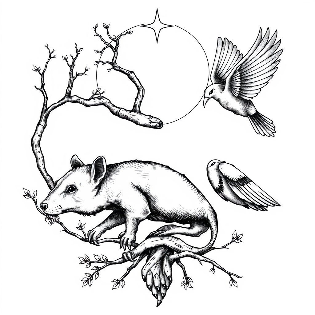 A tattoo design of Lebensbaum , Rabe , Fledermaus , Mond  in the style of realistic. - mythical creatures tattoo design generated by AI tattoo generator