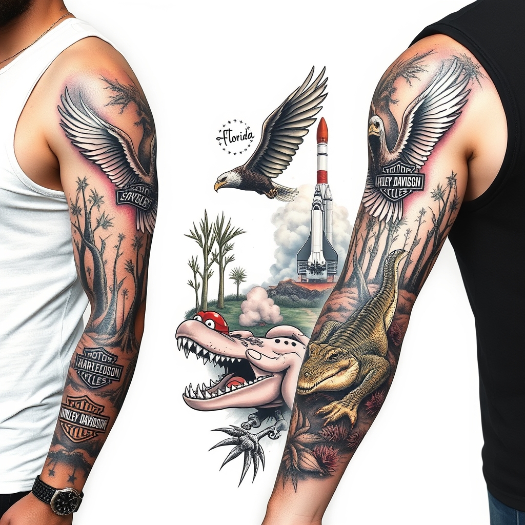 A tattoo design of Right arm full sleeve with the upper containing Harley Davidson theme with eagles mixed with the lower of Florida cypress swamp theme with alligator and space shuttle launch in the background in the style of realistic. - motorcycle and nature tattoo design generated by AI tattoo generator