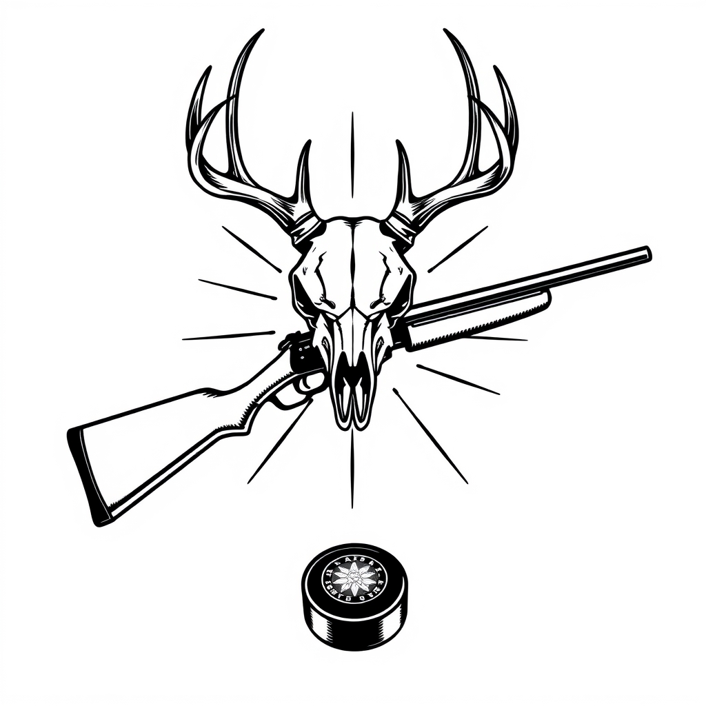 A tattoo design of a deer skull on top of the x of a lever action rifle and a hockey stick all blackout with with a white background with a hockey puck on the bottom of the x in the style of realistic. - hunting and hockey tattoo design generated by AI tattoo generator