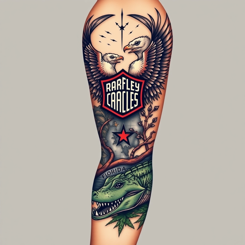 A tattoo design of Right arm full sleeve with the upper containing Harley Davidson theme with eagles mixed with the lower of Florida swamp theme with alligator in the style of realistic. - motorcycle animals tattoo design generated by AI tattoo generator