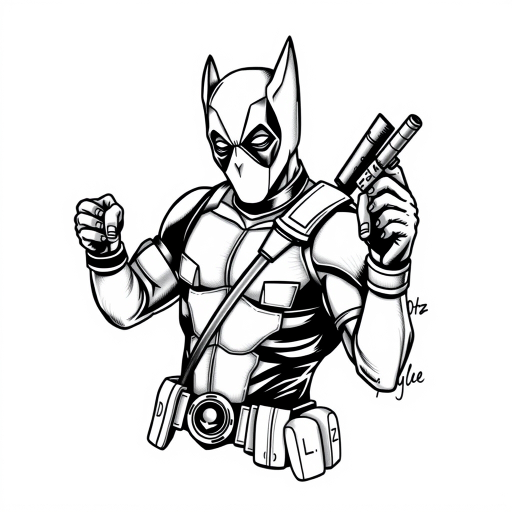 A tattoo design of Deadpool holding a tattooing gun with the names D, Oz, Kyle on a list beside him  in the style of blackwork. - pop culture character tattoo design generated by AI tattoo generator