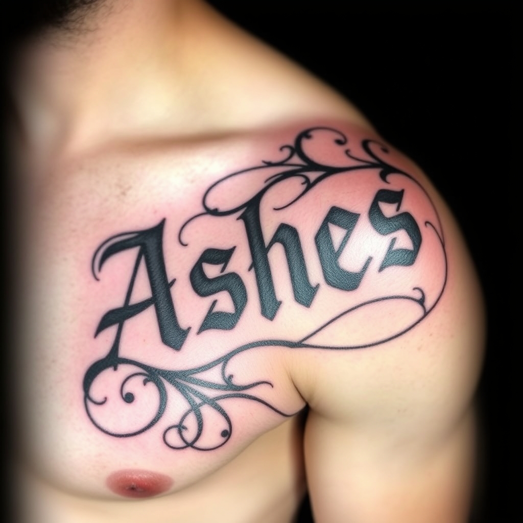 A tattoo design of Words "Ashes 222 Ashes" on left pectoralis in the style of tribal. - text tattoo design generated by AI tattoo generator