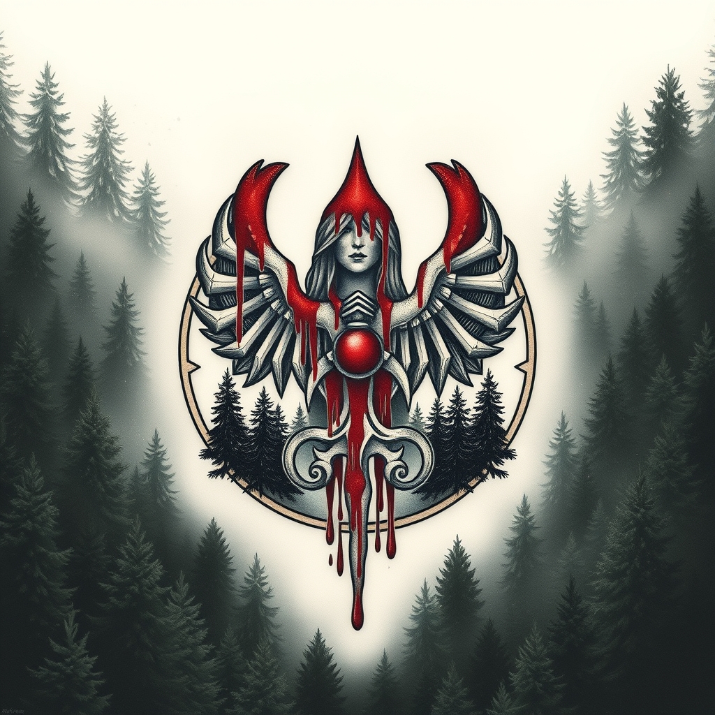 A tattoo design of Valkyrie symbol covered in forest, on top on the symbol there should be blood that goes down to the bottom of the symbol in style of trashpolka in the style of traditional. - mythology tattoo design generated by AI tattoo generator